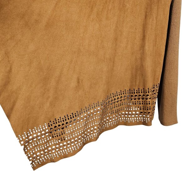 Womens 3X Open Front Brown Cardigan Faux Suede Laser-Cut Hem Stretch Long Sleeve - Picture 6 of 12